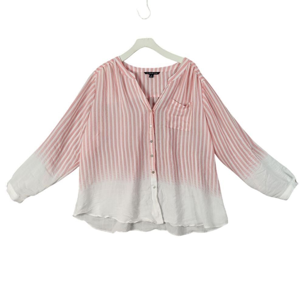 Zac & Rachel Womans Coastal Preppy Striped Button Up‎ Blouse 1X Top Pink Ombre